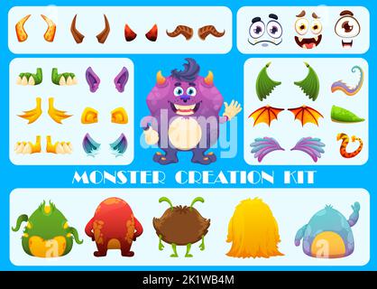 Monster Creation Kit. Cartoon Monster Charakter Konstruktor. Vektorgesichter, Arme, Beine, Ohren und Flügel, Schwänze, Hörner und Körper Set, um lustige außerirdische niedliche oder komische Halloween Kreatur Persönlichkeit zu konstruieren Stock Vektor