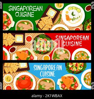 Singapurisches Restaurant mit Küche serviert Banner. Fischkopfcruy, Gemüse-Shrimp-Salat und Nasi Lemak, Schweinebrippe-Suppe, Muscheln in Kokos-Limonade und Fladenbrot Roti Prata mit Sauce, Chili-Krabbe Stock Vektor