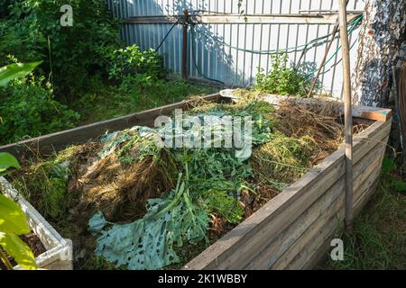 Ein Komposthaufen im Dorf. Kompost bin im Dorf. Ein Komposthaufen von Lebensmittelabfällen. Kompostbehälter im Dorfgarten. Stockfoto