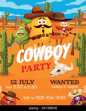 Cowboy-Party-Flyer mit Comic-Cowboy, Sheriff, Ranger und Banditen. Vector Western Persönlichkeiten von niedlichen Pfirsich, Melone, Birne, Feigen und Litschi Beeren mit Gewehren und Hüten in Wild West Wüste Stock Vektor