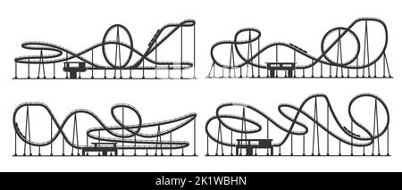 Achterbahnfahrt, Achterbahn Silhouette von Vergnügungspark Fahrt, isolierte Vektor Silhouette. Achterbahnfahrt Schatten im Themenpark oder Jahrmarkt Karneval Fahrten, Achterbahn Zug auf der Strecke Stock Vektor