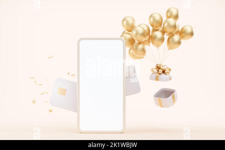 Bankkarte und Mobiltelefon, 3D Rendering. Digitale Zeichnung des Computers. Stockfoto