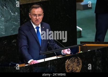 New York, USA. 20. September 2022. Der polnische Präsident Andrzej Duda spricht zur Generaldebatte der Generalversammlung der Vereinten Nationen 77.. Kredit: Enrique Shore/Alamy Live Nachrichten Stockfoto