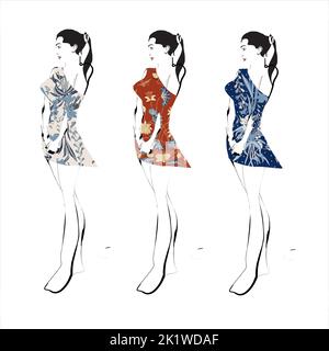Illustration von Buketan Batik, Pekalongan, Central Java, Indonesien und eine Skizze einer Model-Frau Stock Vektor