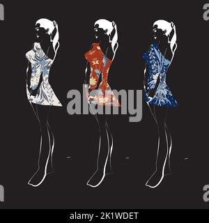 Illustration von Buketan Batik, Pekalongan, Central Java, Indonesien und eine Skizze einer Model-Frau Stock Vektor