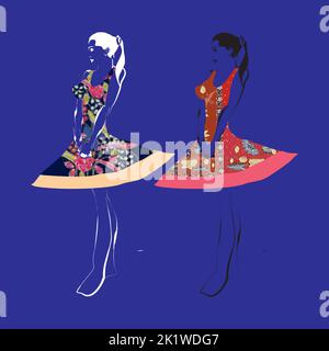 Illustration von Buketan Batik, Pekalongan, Central Java, Indonesien und eine Skizze einer Model-Frau Stock Vektor