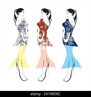 Illustration von Buketan Batik, Pekalongan, Central Java, Indonesien und eine Skizze einer Model-Frau Stock Vektor