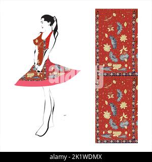 Illustration von Buketan Batik, Pekalongan, Central Java, Indonesien und eine Skizze einer Model-Frau Stock Vektor