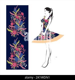 Illustration von Buketan Batik, Pekalongan, Central Java, Indonesien und eine Skizze einer Model-Frau Stock Vektor