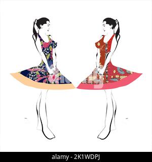 Illustration von Buketan Batik, Pekalongan, Central Java, Indonesien und eine Skizze einer Model-Frau Stock Vektor