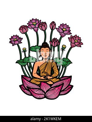 Gautama Buddha sitzt in Lotushaltung und meditiert vor dem Hintergrund von Lotusblumen. Buddhistische Meditationspraxis für Erleuchtung, Achtsamkeit, Frieden, Harmo Stockfoto