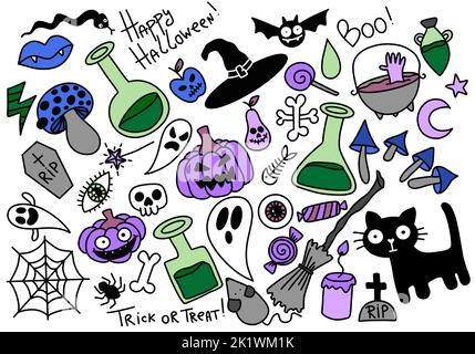 Halloween Set Doodle Cartoon für Aufkleber und Stoffe und Kinder und Accessoires und Notizbücher und Hobbys und Dekorationen. Hochwertige Illustration Stockfoto