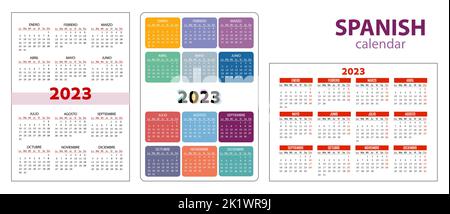 Taschenkalender auf 2023 Jahr, spanisch. Legen Sie die Farbe Vertikal und Horizontal fest. Die Woche beginnt ab Montag. Vektor-Vorlagen-Kalender für Unternehmen. Stock Vektor