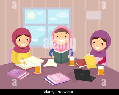 Illustration von Stickman Muslim Kids Girls, die Hijab tragen und als Gruppe mit Büchern und Notizen auf dem Tisch studieren Stockfoto