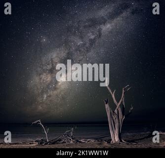 Der Kern der Milchstraße über den Salzseen des Western Australia Wheatbelt Stockfoto