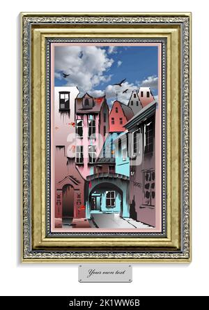 Ölgemälde der mittelalterlichen europäischen Altstadt. 3D Farbvektordarstellung Stock Vektor