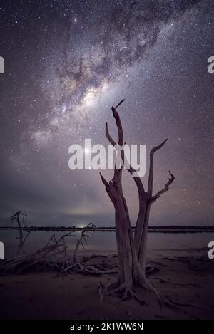 Der Kern der Milchstraße über den Salzseen des Western Australia Wheatbelt Stockfoto