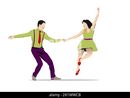 Dynamisches Porträt von zwei Tänzern in Vintage-Retro-Stil-Outfits tanzen lindy Hop Tanz isoliert auf weißem Hintergrund. 3D Vektorgrafik Stock Vektor