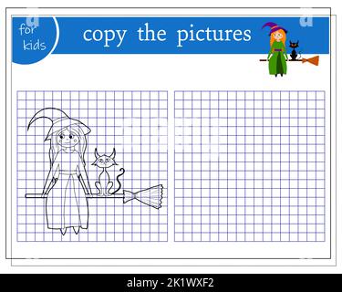 Kopieren Sie das Bild, pädagogische Spiele für Kinder, Cartoon Hexe fliegen auf einem Besen mit einer Katze. vektor Stock Vektor