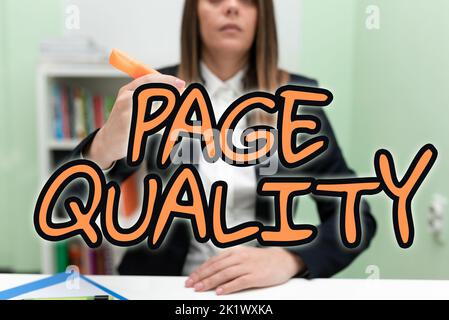 Konzeptionelle Beschriftung Seitenqualität. Wort über die Wirksamkeit einer Website in Bezug auf Aussehen und Funktion geschrieben Stockfoto
