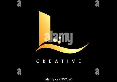 Golden L Letter Logo Design mit elegantem Creative Swoosh und Dots Vector. Moderne trendige L-Buchstaben-Symbol mit geschwungenem Schnitt und minimalistischen Look Vector Stock Vektor