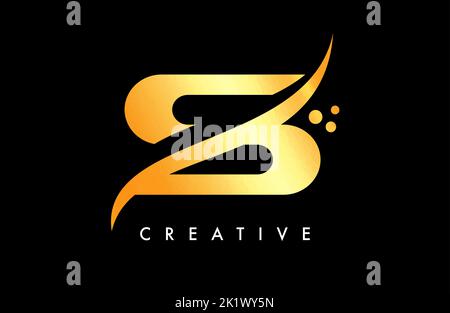 Goldenes S-Letter-Logo-Design mit elegantem Creative Swoosh und Dots-Vektor. Moderne trendige S-Buchstaben-Symbol mit geschwungenem Schnitt und minimalistischen Look Vector Stock Vektor