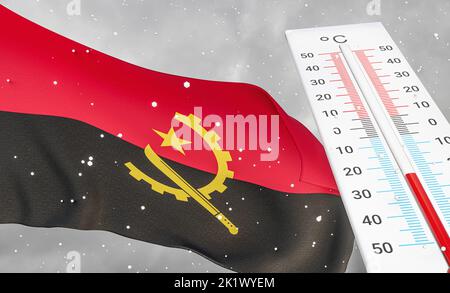 Winter in Angola mit starker Kälte, negativer Temperatur, kalte Jahreszeit in Angola, grausamste kälteste Witterung in Angola, Flagge Angola mit Thermometer. 3D W Stockfoto