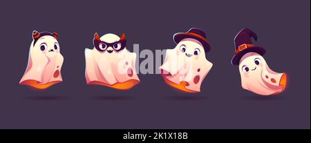 Niedliche Geister, Cartoon Halloween-Figuren gesetzt. Lustige Kawaii-Spucke Kreaturen tragen verschiedene Hüte und Kopfbedeckungen. Gruselige lächelnde Geister, entzückende Fantasy-Monster, Phantom-Persönlichkeiten Vektor-Illustration Stock Vektor