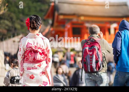 Junge Touristenin im Kimono, die sich mit bunten Blättern im Kiyomizu dera-Tempel, Kyoto, Japan, amüsantet. Asiatische Mädchen mit Frisur in traditionellen Japa Stockfoto