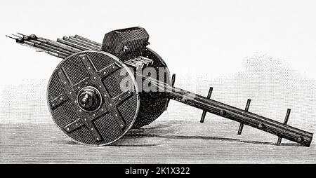 ribauldequín des 15.. Jahrhunderts, auch bekannt als Rabauld-, ribault-, Ribaudkin-, Höllenmaschine oder Orgelkanone, war eine spätmittelalterliche Volley-Kanone mit vielen kleinkalibrigen, parallel auf einer Plattform aufgesetzten Eisenfässern. Alte, gravierte Illustration aus dem 19.. Jahrhundert von La Nature 1890 Stockfoto