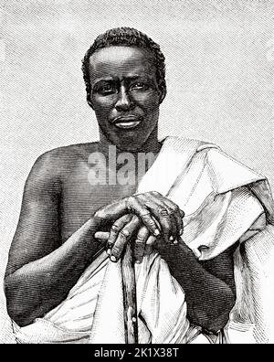 Omar Joussouf, ein junger Somalier aus Somalia, der im Jardin d'Acclimatation in Paris, Frankreich, ausgestellt wurde. Alte, gravierte Illustration aus dem 19.. Jahrhundert von La Nature 1890 Stockfoto