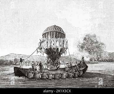 Die Besteigung des Ballonballons Garnerin wurde 1801 auf der seine in Paris, Frankreich, durchgeführt. Alte, gravierte Illustration aus dem 19.. Jahrhundert von La Nature 1890 Stockfoto