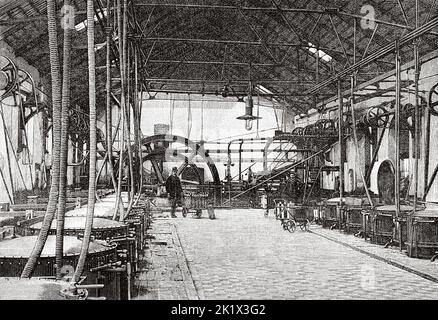 Installation der Zuckerraffinierungsanlagen des Viven H-Systems in der Raffinerie Barbery, Oise, Frankreich. Alte, gravierte Illustration aus dem 19.. Jahrhundert von La Nature 1890 Stockfoto