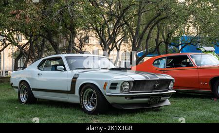 DETROIT, MI/USA - 18. SEPTEMBER 2022: Ein 1970 Ford Mustang Boss 302 Auto bei Detroit Concours 'd Elegance. Stockfoto