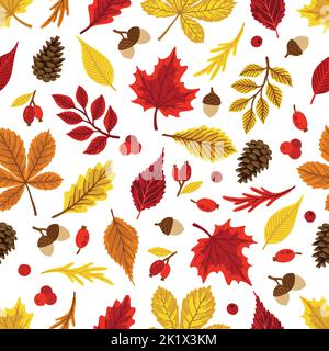 Herbstblätter Muster. Fallendes Blatt nahtloser Hintergrund mit Eiche, Ahorn, Kastanie, Linde, Espe, Walnuss- und Eberesche-Laub. Stock Vektor