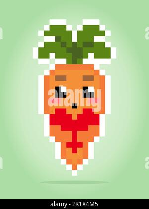 8-Bit-Pixel-Karotte kawaii. Gemüse für Spielanlagen in Vektorgrafik. Stock Vektor