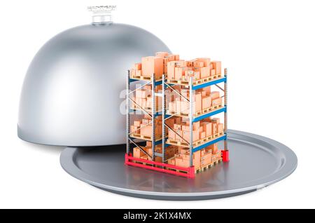 Restaurant Cloche mit Doppelpalettenregal voller Pakete, 3D Rendering isoliert auf weißem Hintergrund Stockfoto