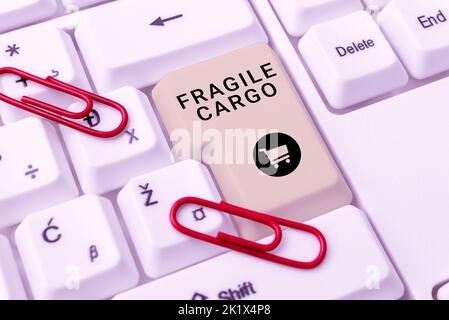 Handschrift Text Fragile Cargo. Wort geschrieben auf zerbrechlichen Griff mit Care Bubble Wrap Glas Gefahrgut Stockfoto