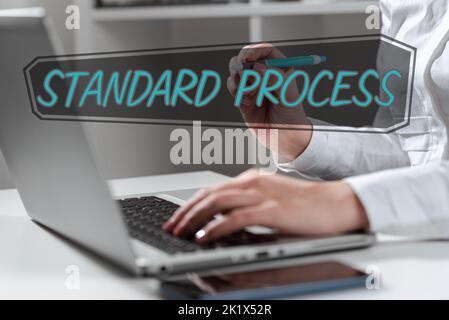 Schild mit Standardprozessregeln, die auf die endgültige Produktqualität abgestimmt sind. Regeln für Geschäftsidee, die an die endgültige Produktqualität angepasst werden sollen Stockfoto