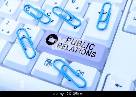 Textüberschrift mit Public Relationspractice Management der Verbreitung von Informationen zwischen einzelnen Personen. Internet-Konzept-Praxis Management Verbreitung von Stockfoto