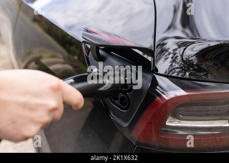 Eine Nahaufnahme eines EV-Ladegeräts, der an ein Elektroauto angeschlossen wird Stockfoto