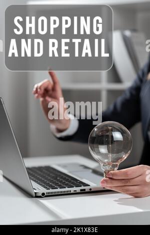 Textunterschrift mit einer Darstellung von Shopping und Retail. Business Concept-Prozess für den Verkauf von Konsumgüterdiensten an Kunden Stockfoto
