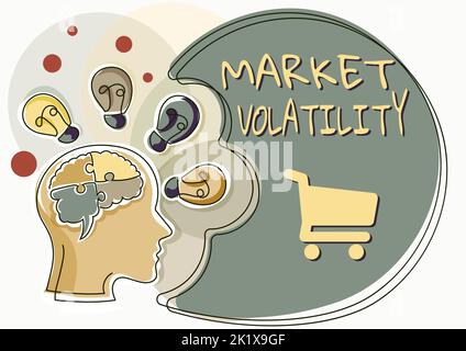 Textschild mit MarktvolatilitätUnterliegende Wertpapierkurse schwanken im Stabilitätsstatus. Der Begriff für die zugrunde liegenden Wertpapierkurse schwankt Stockfoto