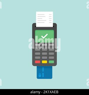 Zahlung per Kreditkarte über POS-terminal, genehmigte Zahlung. Flache Darstellung. Stock Vektor