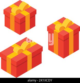 Isometrische Geschenkschachtel. Rote Geschenkschachteln in verschiedenen Größen, flache Abbildung. Stock Vektor