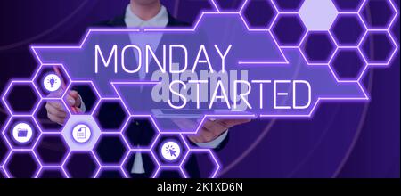 Text mit Inspiration Montag begonnenEs ist vorbei, sich auf die neue Woche vorzubereiten, und wir können mit der Arbeit beginnen. Business Overview die Vorbereitung auf die neue Woche der Erholung ist Stockfoto