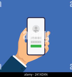 Anmelde- oder Anmeldeseite auf dem Smartphone-Bildschirm. Die Hand hält das Smartphone. Moderne flache Design-Illustration. Stock Vektor