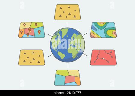 GIS Spatial Data Layers Konzept für die Geschäftsanalyse. Geografisches Informationssystem. Vektorgrafik. Stock Vektor