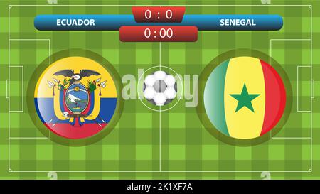 Vorlage für die Anzeigetafel Ecuador vs Senegal für den Fußballwettbewerb. Vektorgrafik. Sportvorlage. Stock Vektor