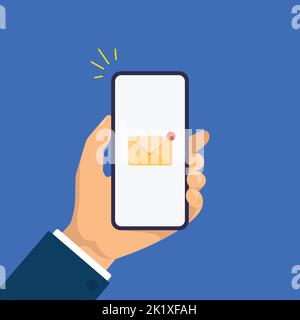 Neue E-Mail-Benachrichtigung auf dem Smartphone-Bildschirm. Die Hand hält das Smartphone. Moderne flache Design-Illustration. Stock Vektor